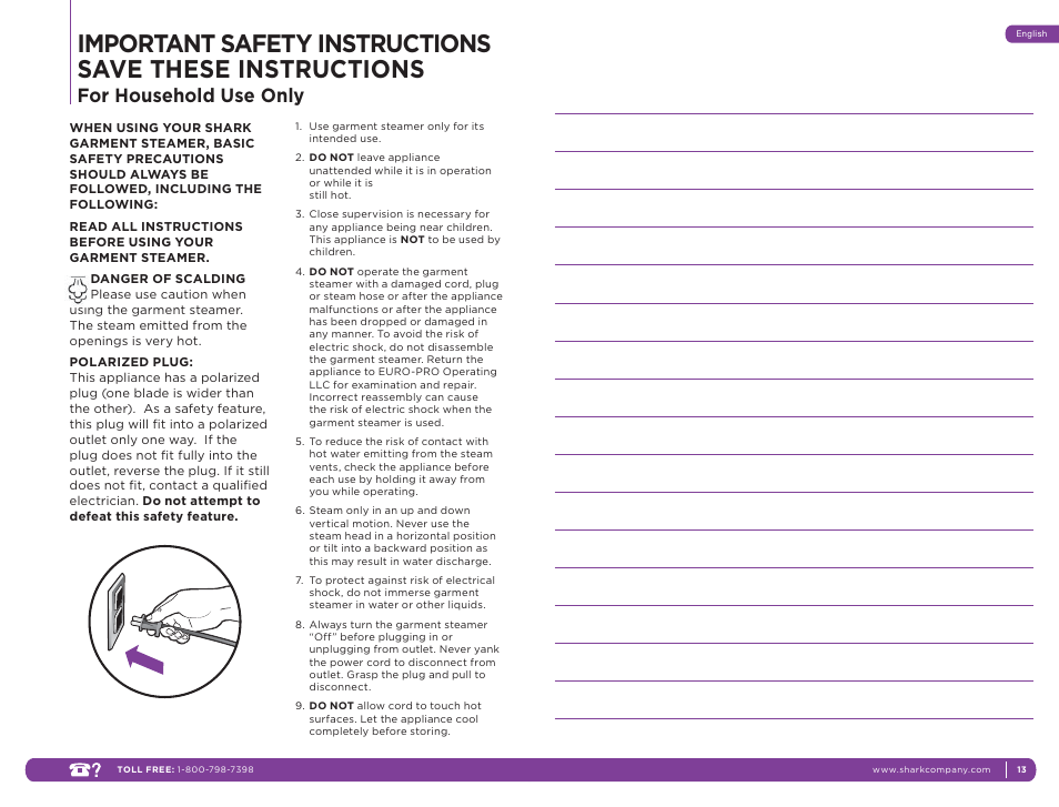 For household use only | Shark SC637 User Manual | Page 2 / 10