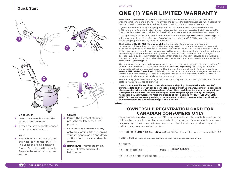 One (1) year limited warranty, Quick start | Shark SC637 User Manual | Page 4 / 10
