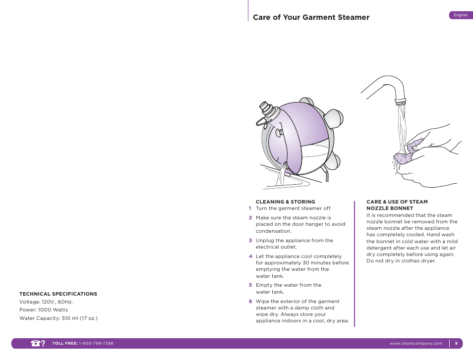 Care of your garment steamer | Shark SC637 User Manual | Page 6 / 10