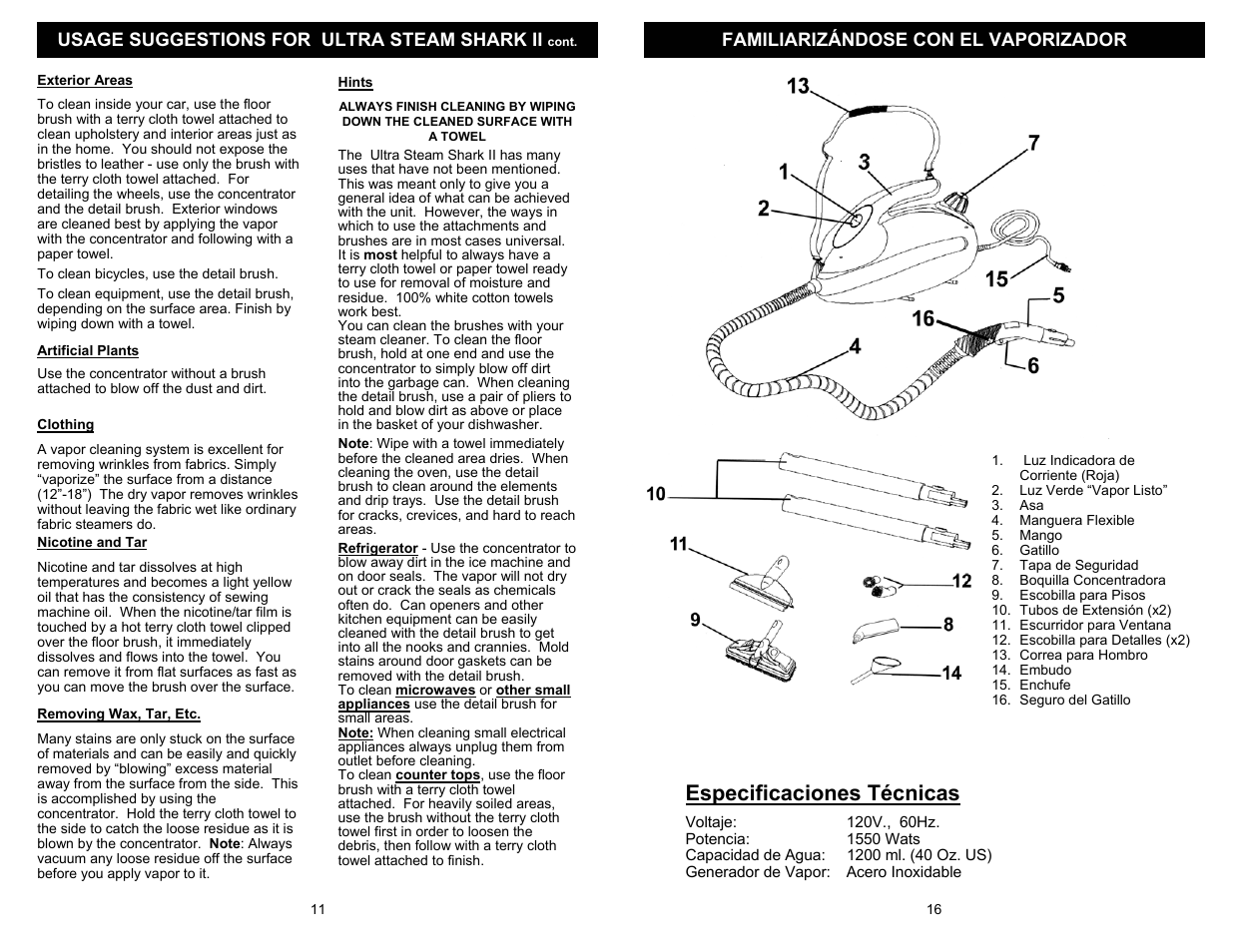 Especificaciones técnicas, Usage suggestions for ultra steam shark ii, Familiarizándose con el vaporizador | Shark EP908 User Manual | Page 12 / 14