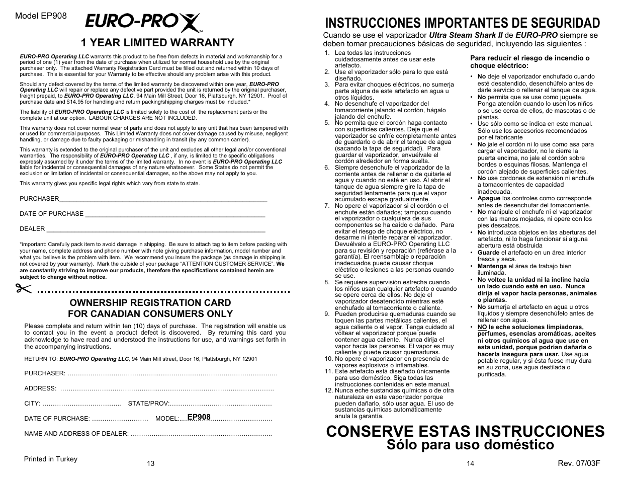 Conserve estas instrucciones, Sólo para uso doméstico, Instrucciones importantes de seguridad | 1 year limited warranty, Model ep908 | Shark EP908 User Manual | Page 14 / 14