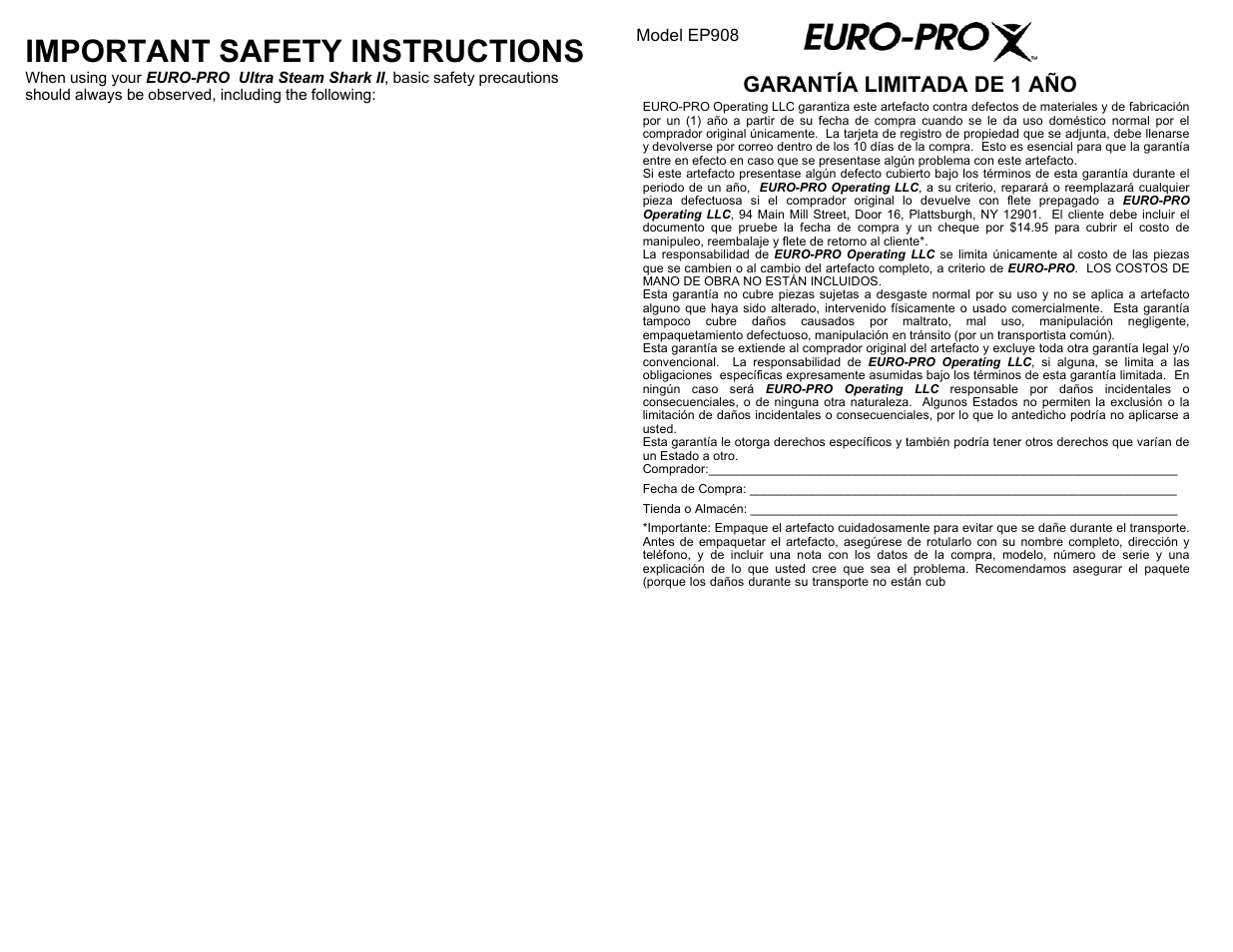 Important safety instructions, Garantía limitada de 1 año | Shark EP908 User Manual | Page 2 / 14