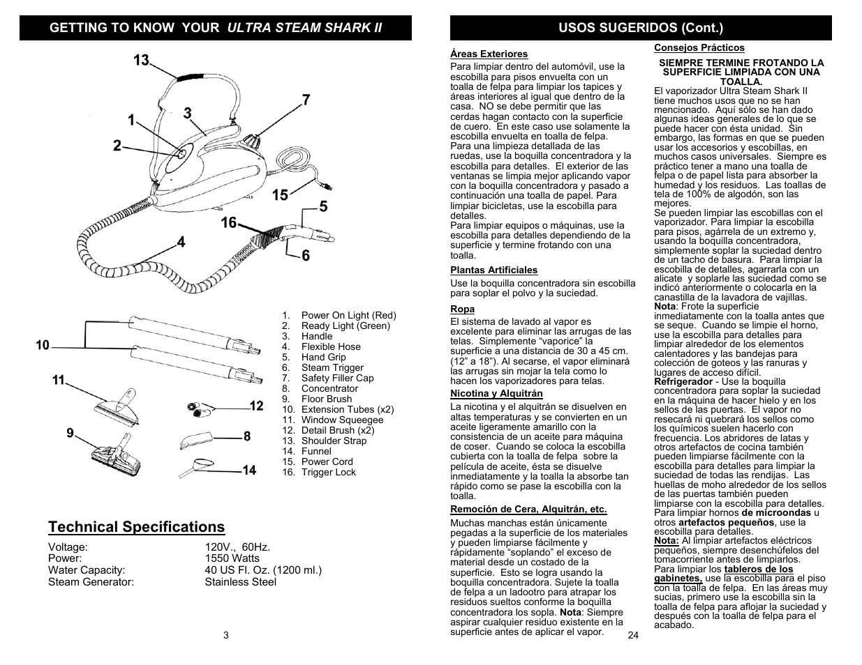 Technical specifications, Getting to know your ultra steam shark ii, Usos sugeridos (cont.) | Shark EP908 User Manual | Page 4 / 14