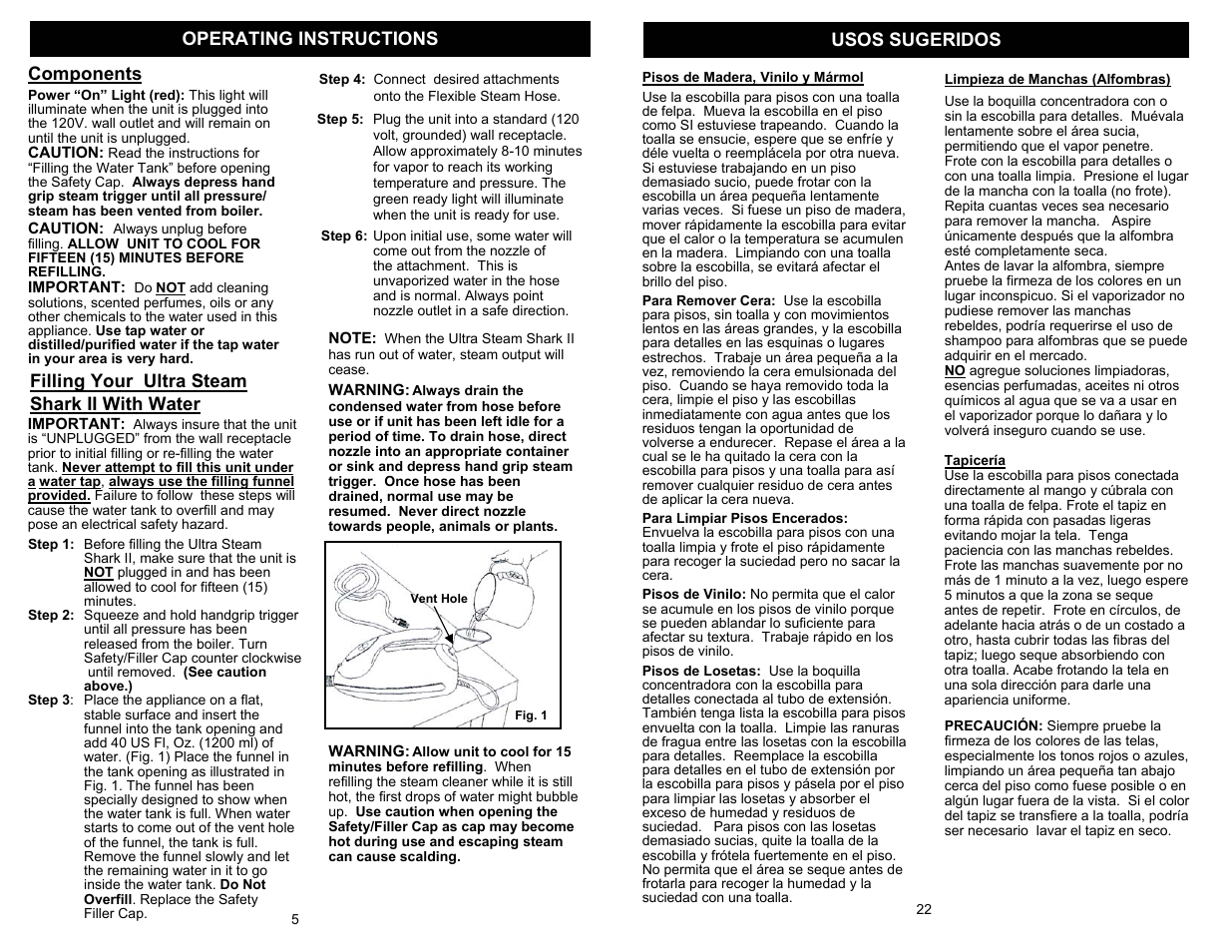 Operating instructions usos sugeridos components, Filling your ultra steam shark ii with water | Shark EP908 User Manual | Page 6 / 14
