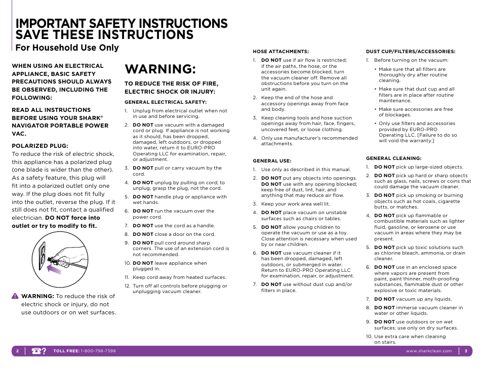 Warning, For household use only | Shark NH130 User Manual | Page 2 / 11