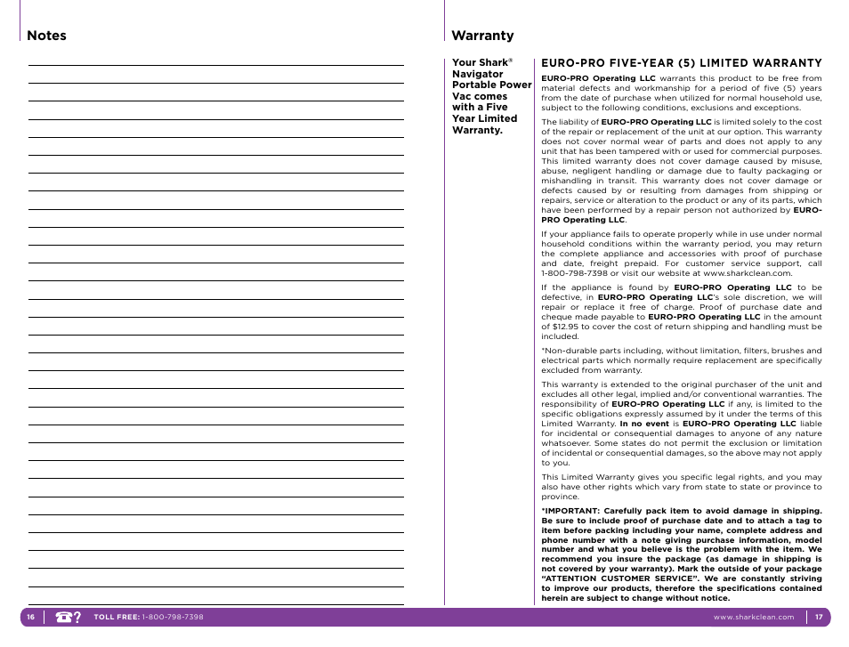 Warranty, Euro-pro five-year (5) limited warranty | Shark NH130 User Manual | Page 9 / 11
