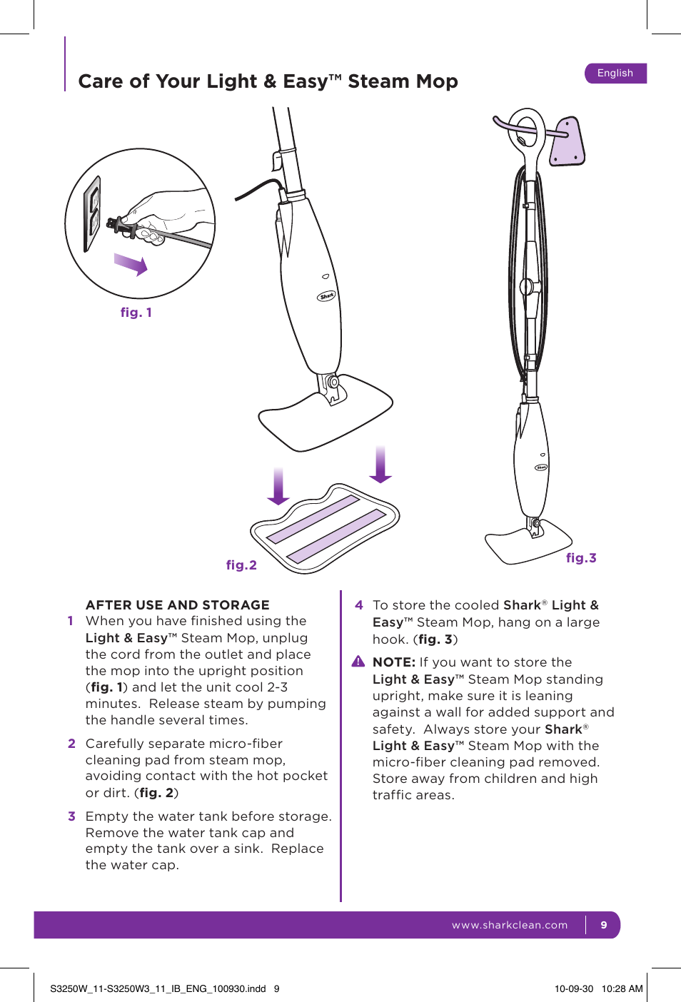 Care of your light & easy™ steam mop | Shark LIGHT & EASY S3250W User Manual | Page 15 / 20