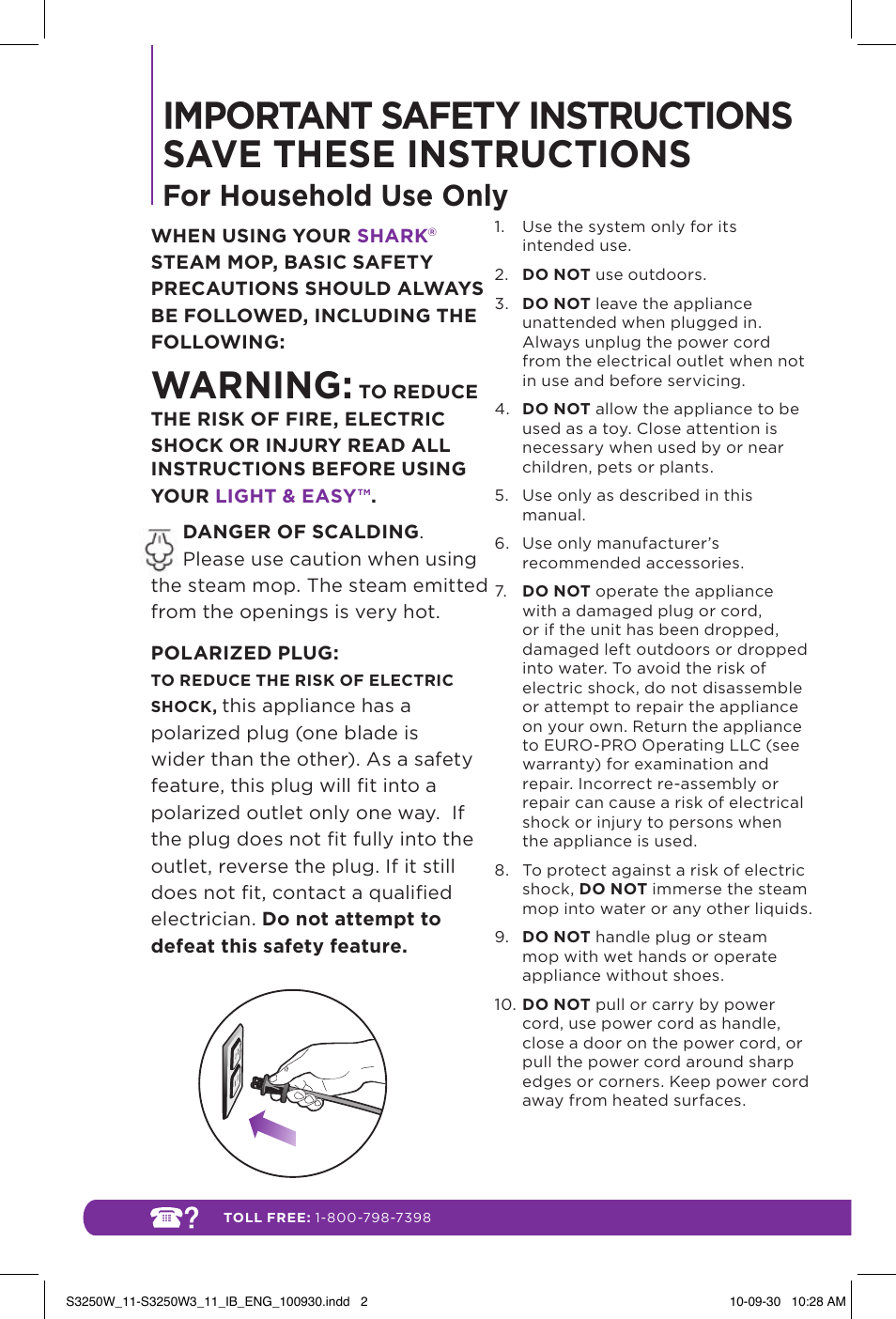 Warning, For household use only | Shark LIGHT & EASY S3250W User Manual | Page 2 / 20