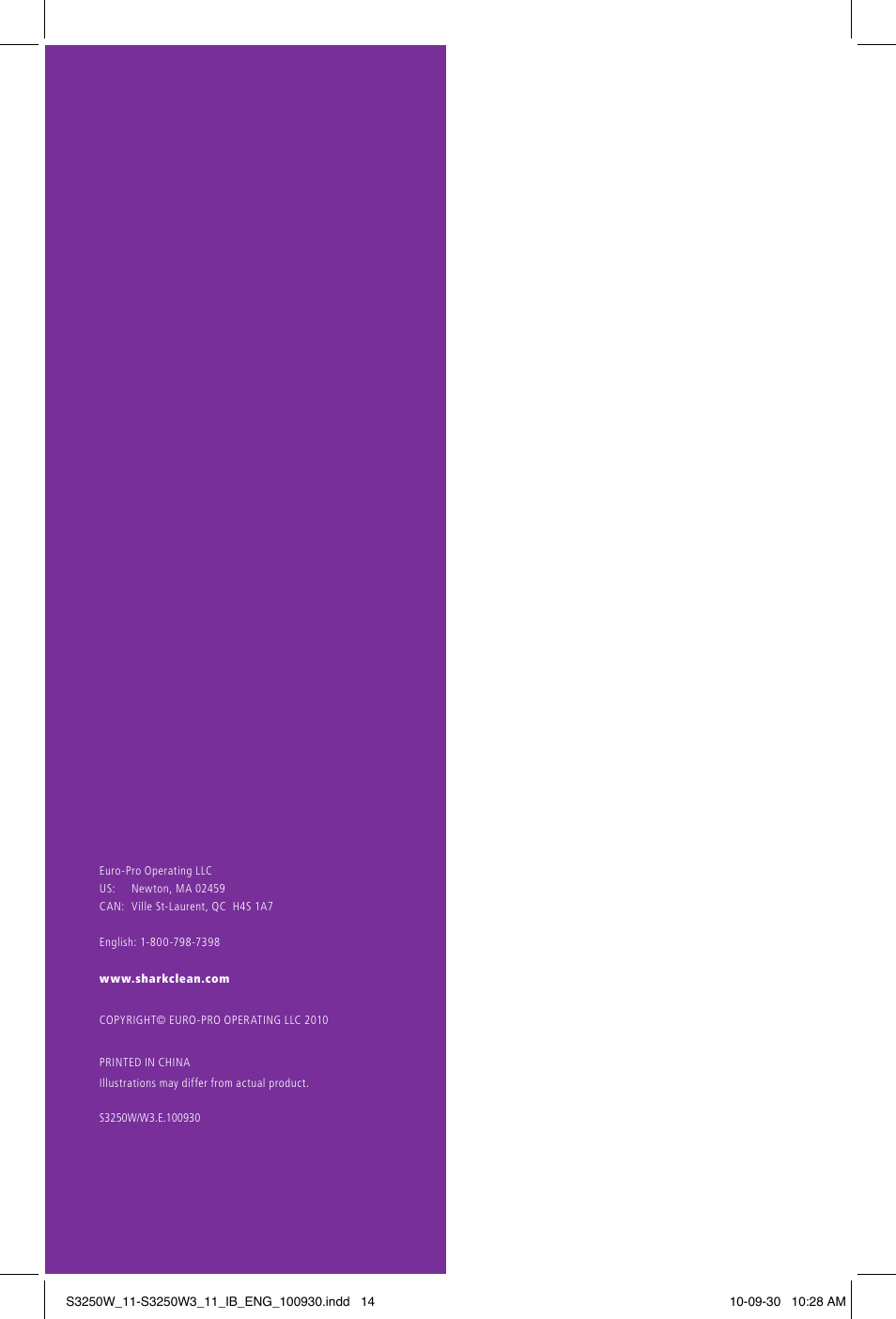 Shark LIGHT & EASY S3250W User Manual | Page 20 / 20