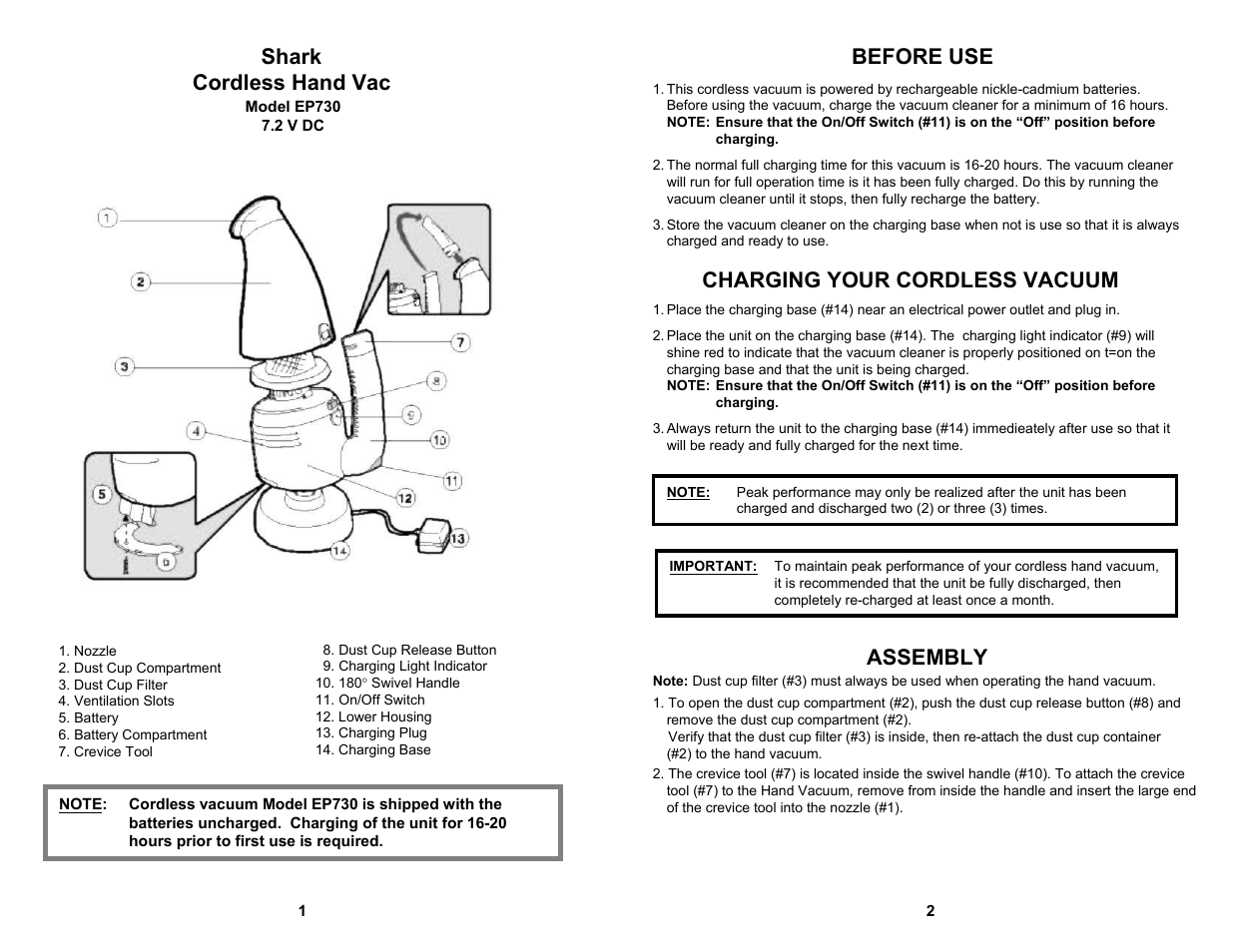 Shark cordless hand vac before use, Charging your cordless vacuum, Assembly | Shark EP730 User Manual | Page 2 / 5