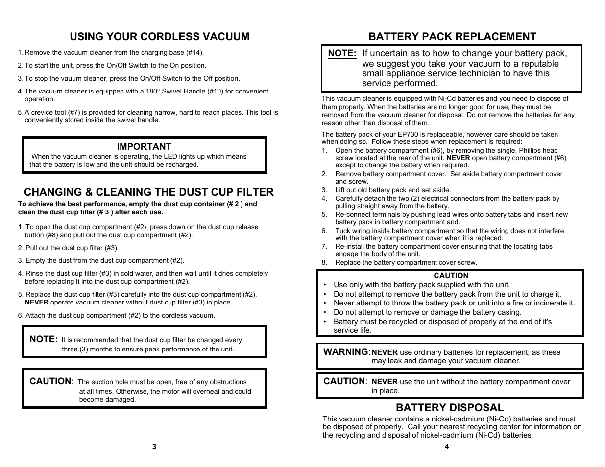 Changing & cleaning the dust cup filter, Battery disposal | Shark EP730 User Manual | Page 3 / 5