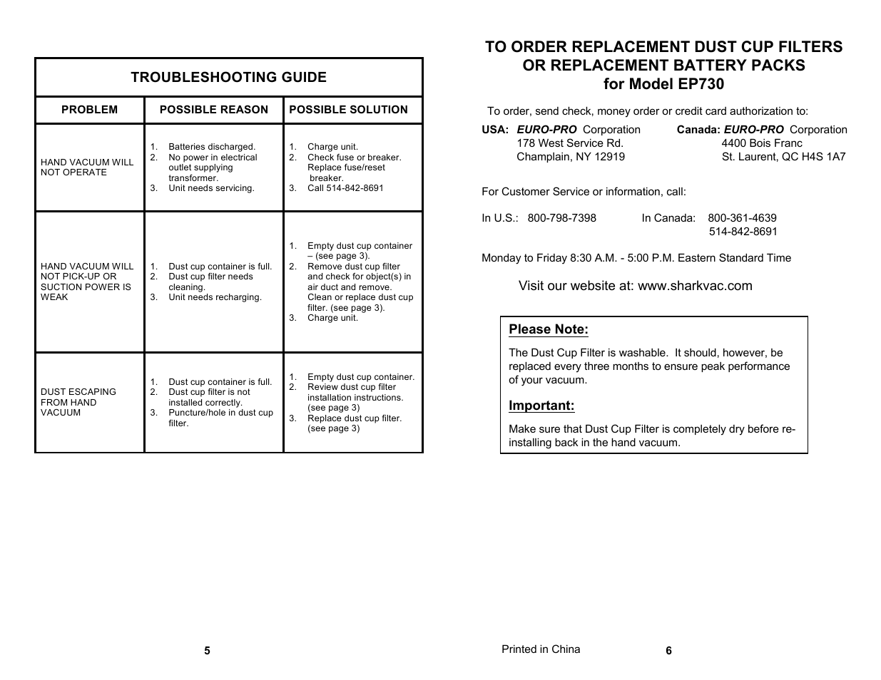 Troubleshooting guide, Important | Shark EP730 User Manual | Page 4 / 5