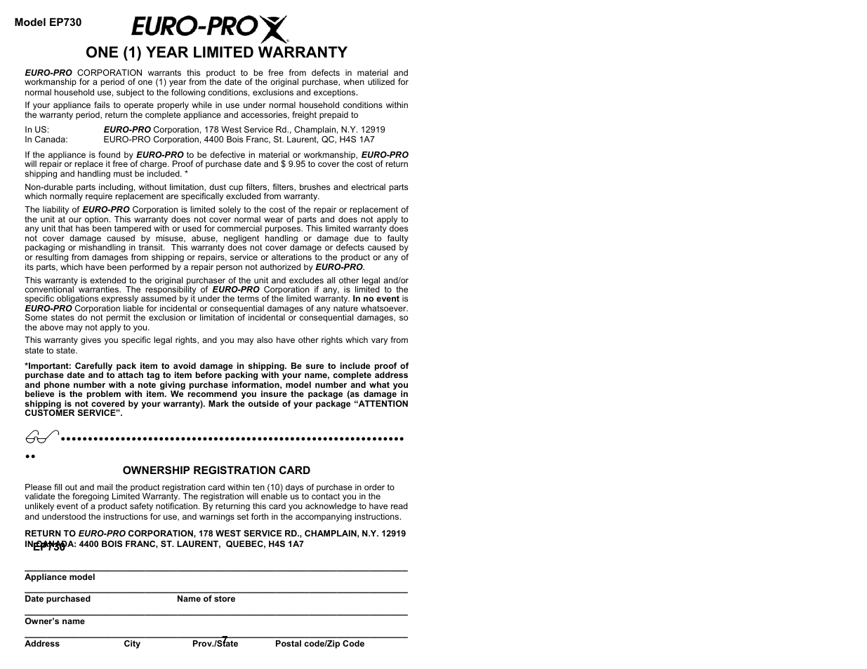One (1) year limited warranty | Shark EP730 User Manual | Page 5 / 5