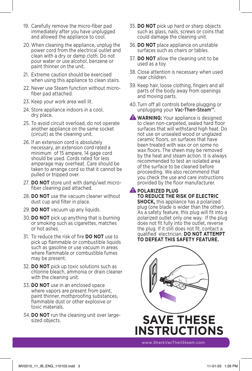 Save these instructions | Shark VAC-THEN-STEAM MV2010 User Manual | Page 3 / 20