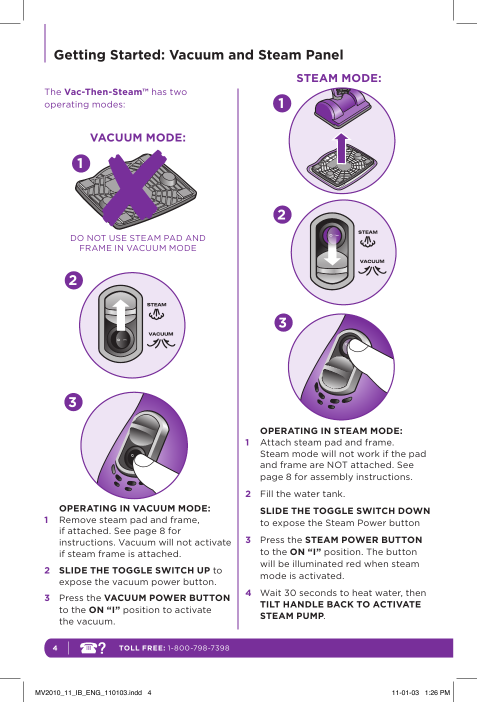 Getting started: vacuum and steam panel | Shark VAC-THEN-STEAM MV2010 User Manual | Page 8 / 20