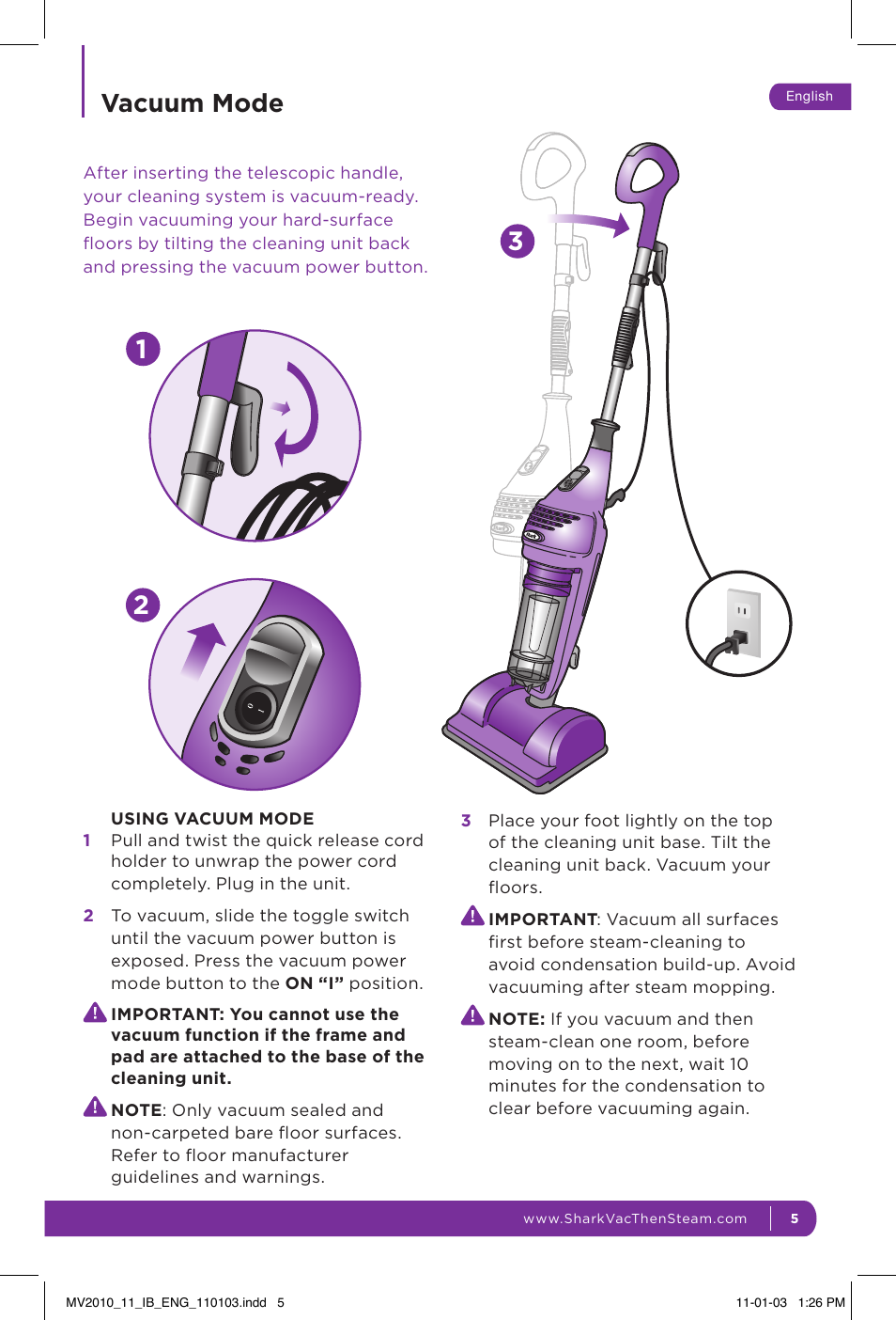 Vacuum mode | Shark VAC-THEN-STEAM MV2010 User Manual | Page 9 / 20