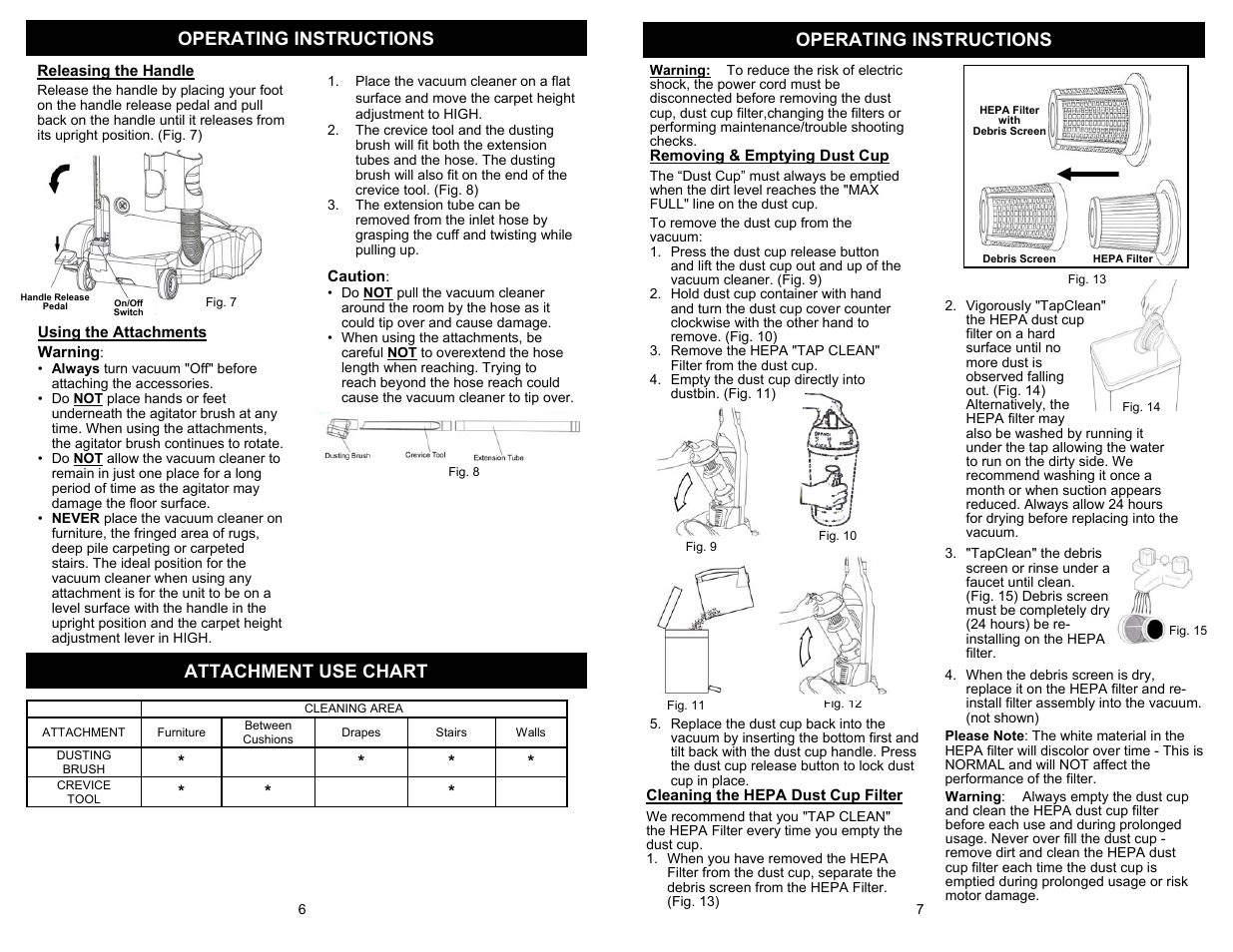 Operating instructions, Attachment use chart | Shark EP710 User Manual | Page 4 / 7