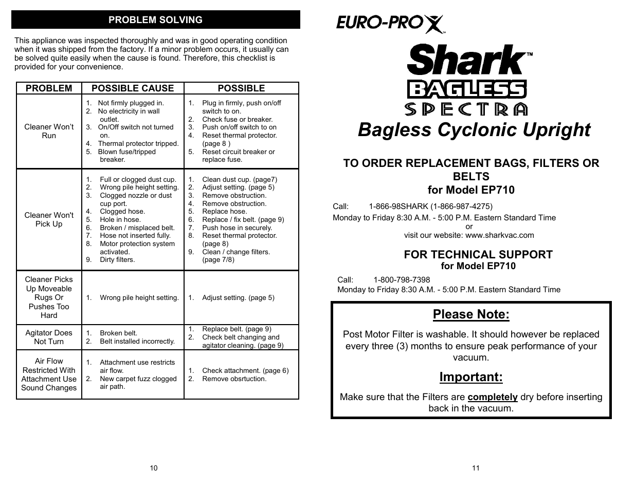 Bagless cyclonic upright, Important, For technical support | Shark EP710 User Manual | Page 6 / 7