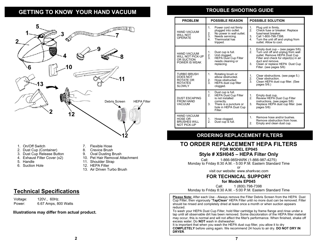 Getting to know your hand vacuum, 12 to order replacement hepa filters, Technical specifications | Trouble shooting guide, Ordering replacement filters, Style # xsh045 – hepa filter only, For technical support | Shark EP045 User Manual | Page 4 / 6