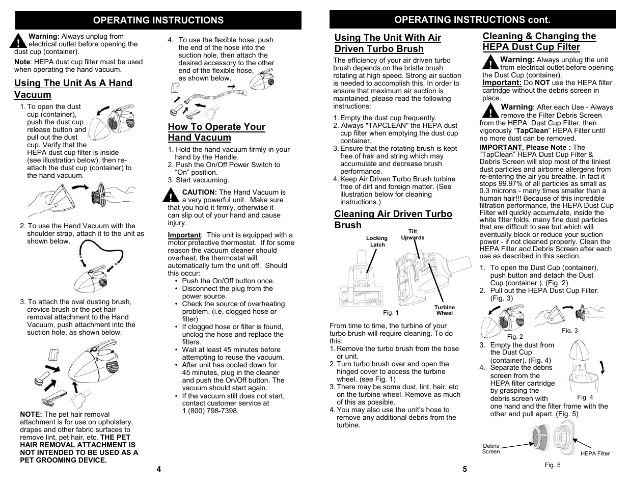 Cleaning & changing the hepa dust cup filter, Using the unit as a hand vacuum, How to operate your hand vacuum | Cleaning air driven turbo brush | Shark EP045 User Manual | Page 6 / 6
