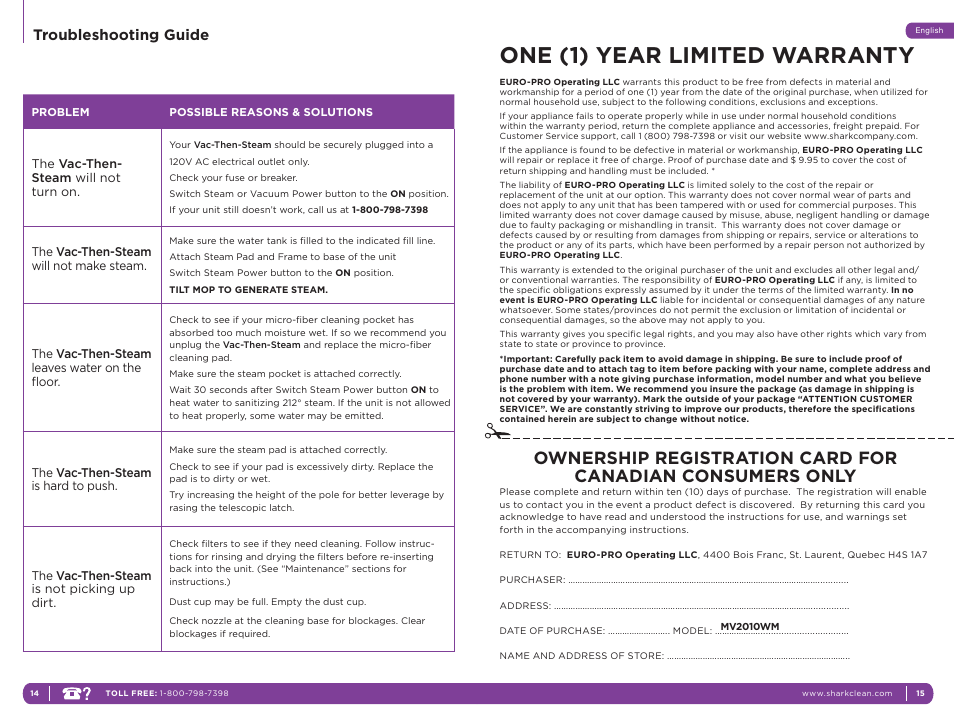 One (1) year limited warranty, Troubleshooting guide | Shark VAC-THEN-STEAM MV2010WM User Manual | Page 10 / 11