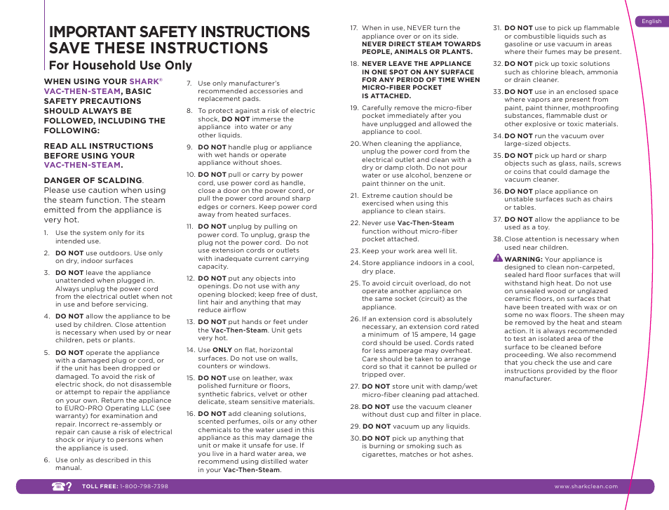 For household use only | Shark VAC-THEN-STEAM MV2010WM User Manual | Page 2 / 11