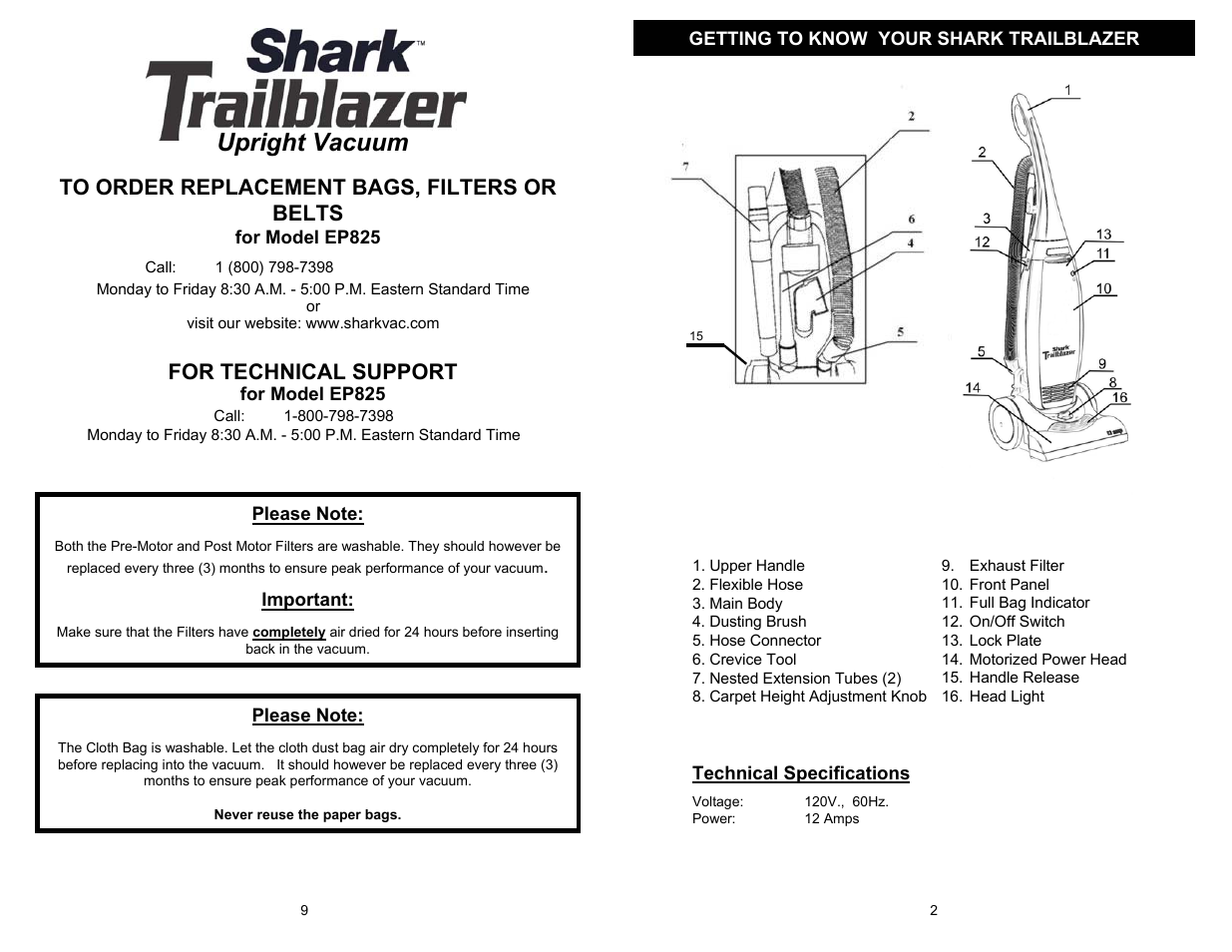 Upright vacuum, For technical support | Shark EP825 User Manual | Page 3 / 6