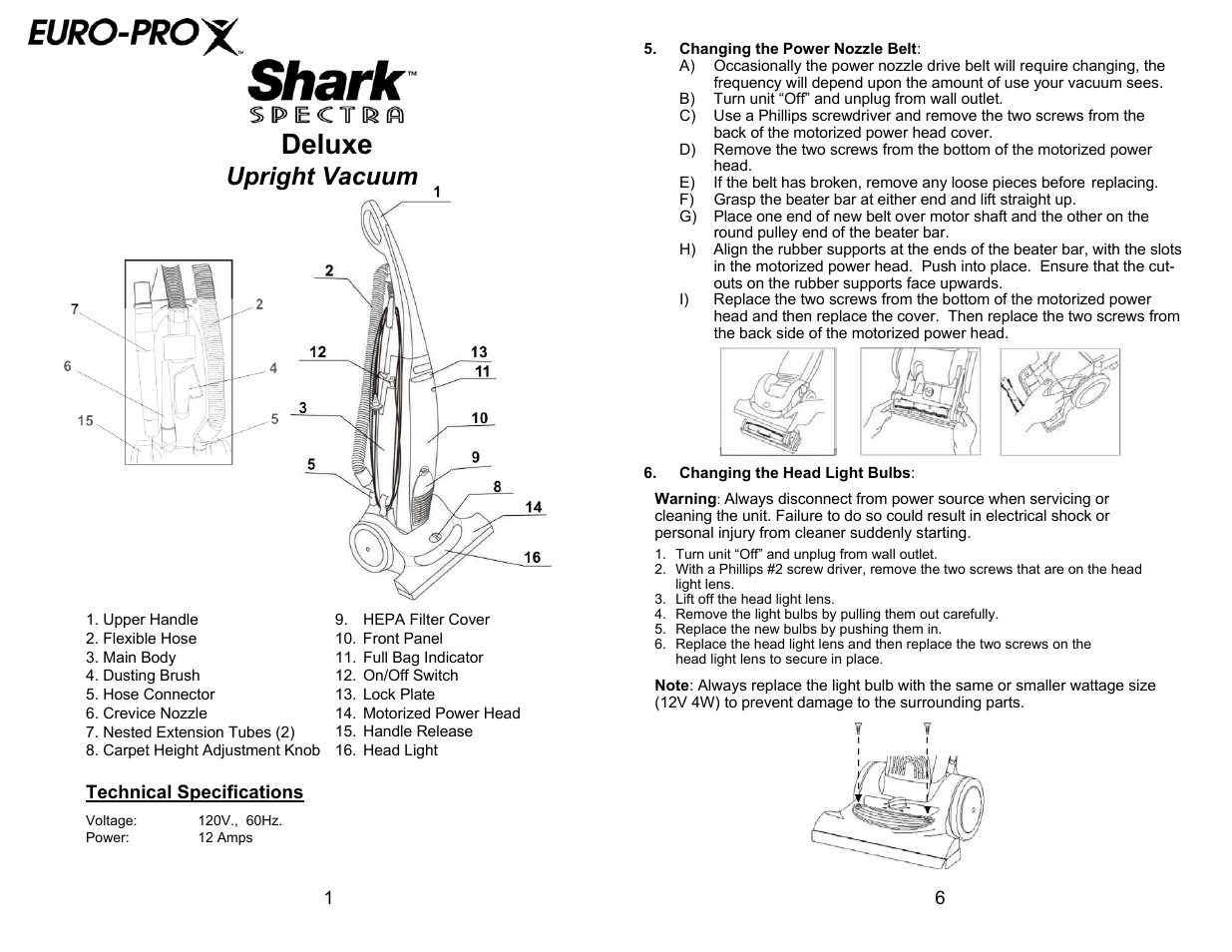 Deluxe, Upright vacuum | Shark UV204 User Manual | Page 4 / 6