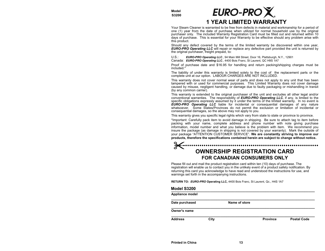 Ownership registration card, 1 year limited warranty, For canadian consumers only | Shark STEAM BLASTER JR. S3200 User Manual | Page 2 / 8