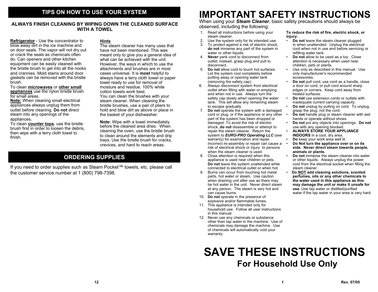 Save these instructions, Important safety instructions, For household use only | Tips on how to use your system, Ordering supplies | Shark STEAM BLASTER JR. S3200 User Manual | Page 3 / 8