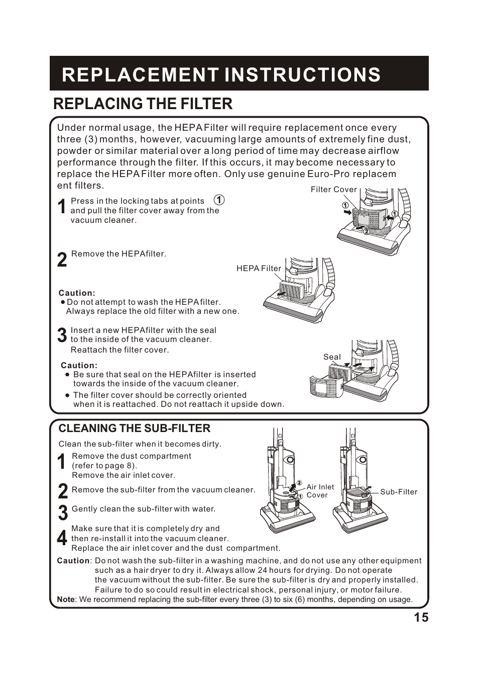 Т³гж 16, Replacement instructions, Replacing the filter | Cleaning the sub-filter | Shark V1315 User Manual | Page 16 / 18