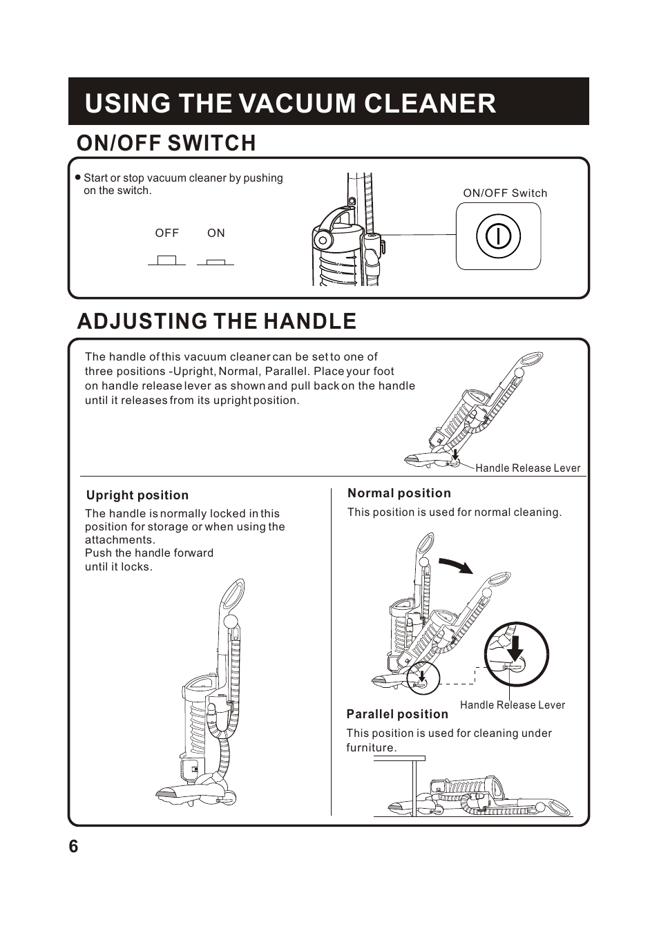 Т³гж 7, Using the vacuum cleaner, On/off switch | Adjusting the handle | Shark V1315 User Manual | Page 7 / 18