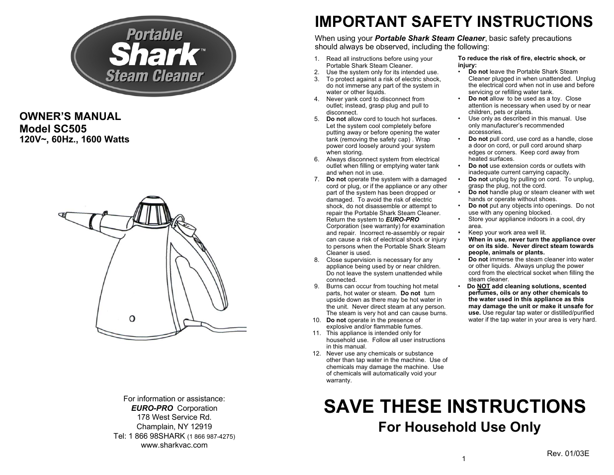 Shark SC505 User Manual | 6 pages