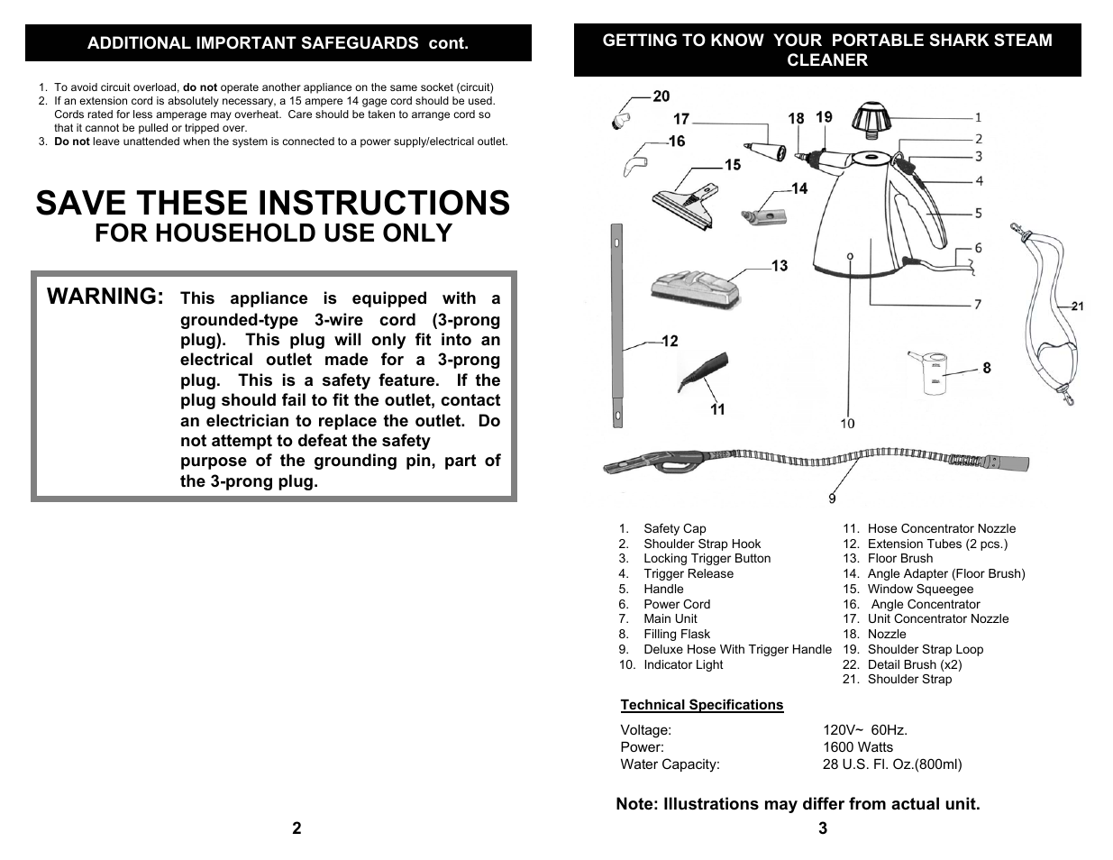 Save these instructions, For household use only, Warning | Shark SC505 User Manual | Page 2 / 6