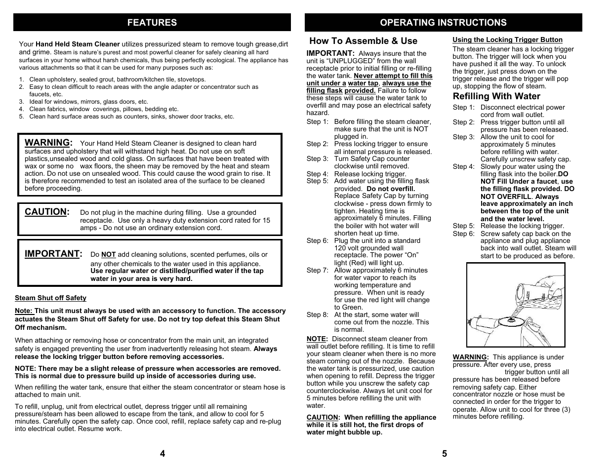 Caution, Important, Warning | Refilling with water | Shark SC505 User Manual | Page 3 / 6