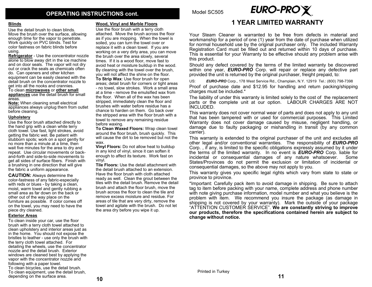 1 year limited warranty | Shark SC505 User Manual | Page 6 / 6