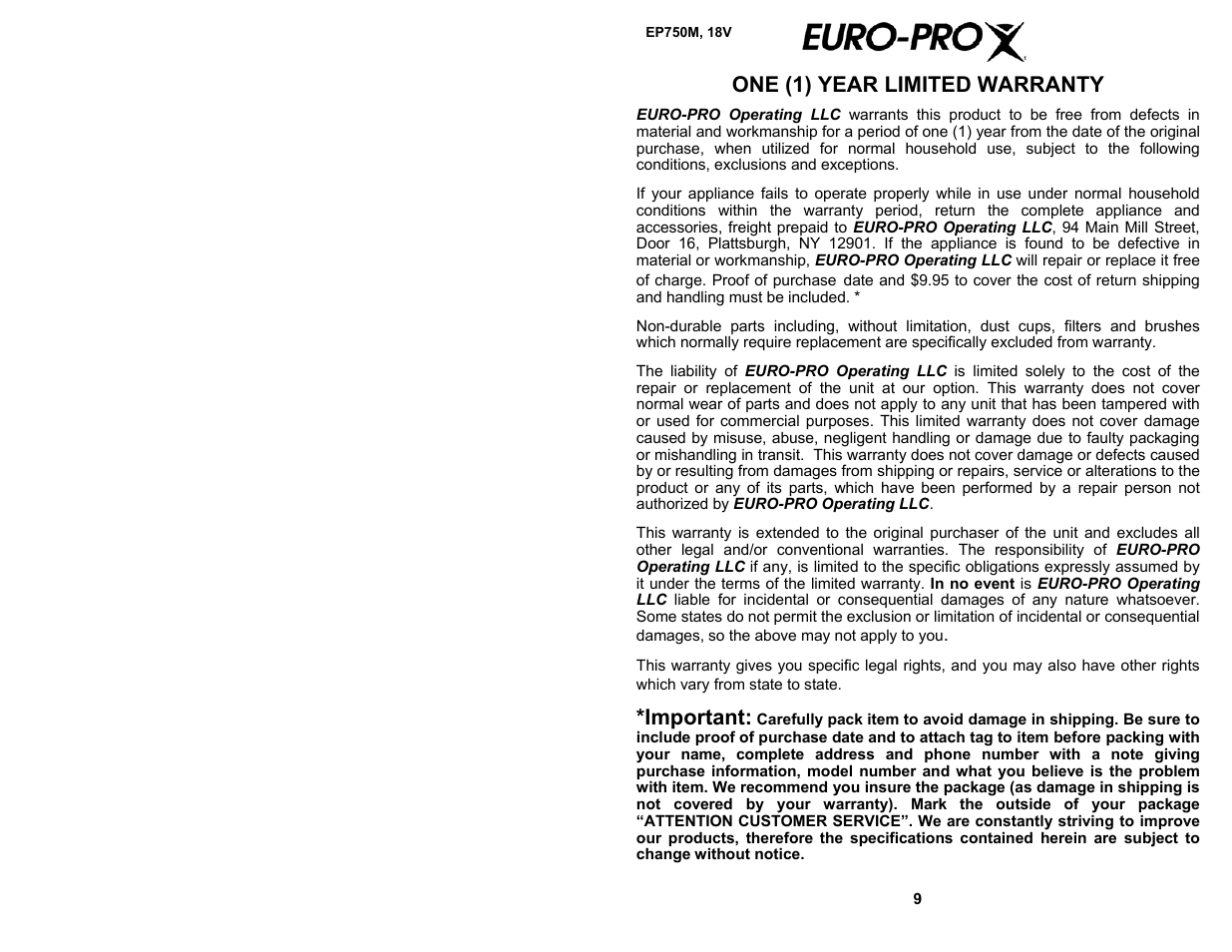 One (1) year limited warranty, Important | Shark EP750M User Manual | Page 2 / 6