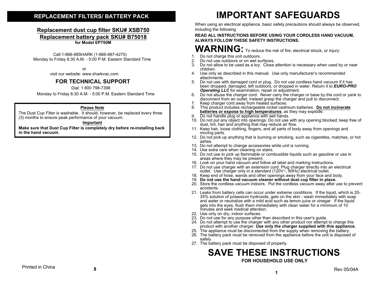 Important safeguards, Warning, Save these instructions | Shark EP750M User Manual | Page 3 / 6