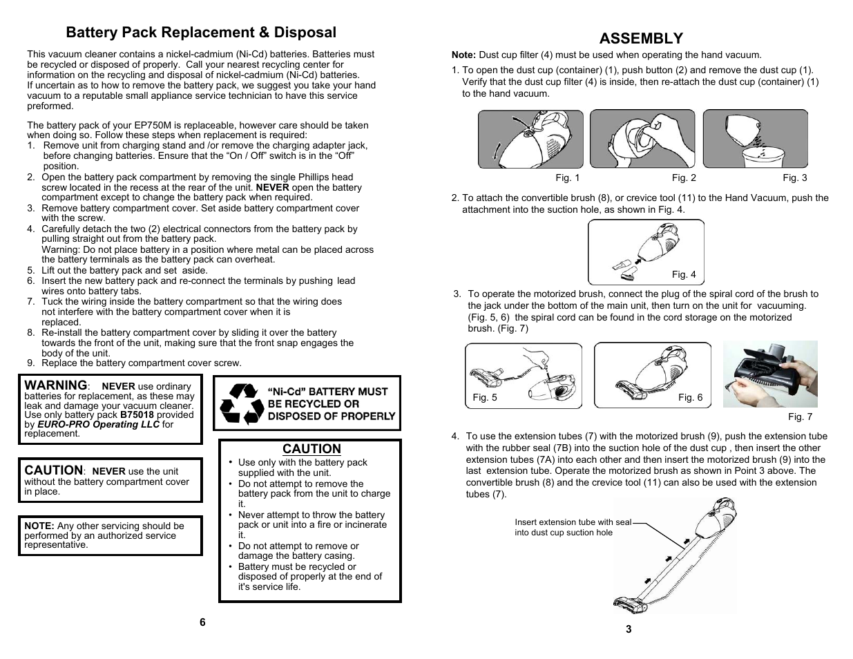 Battery pack replacement & disposal assembly, Warning, Caution | Shark EP750M User Manual | Page 5 / 6