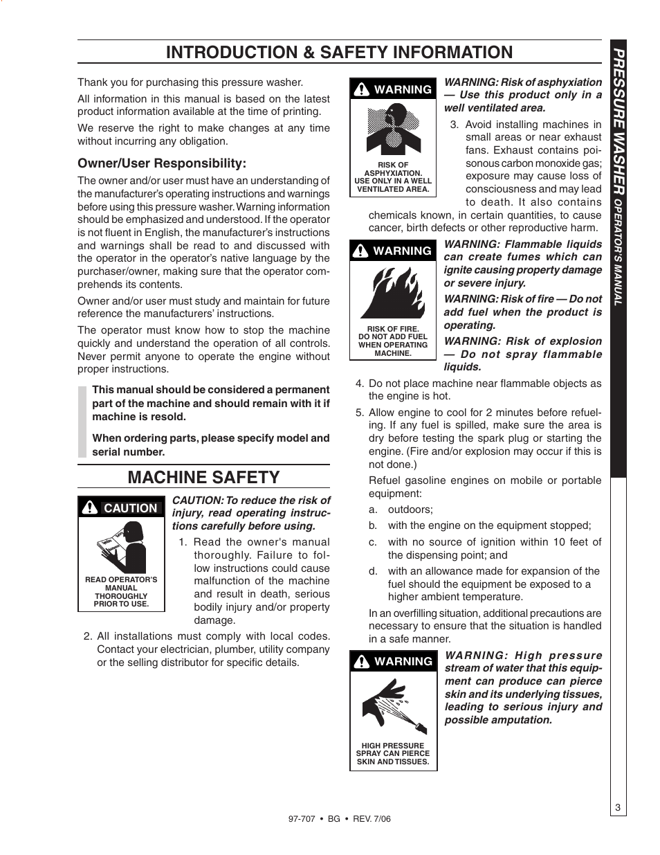 Machine safety, Introduction & safety information, Pressure w asher | Owner/user responsibility | Shark BG-3735 User Manual | Page 3 / 34