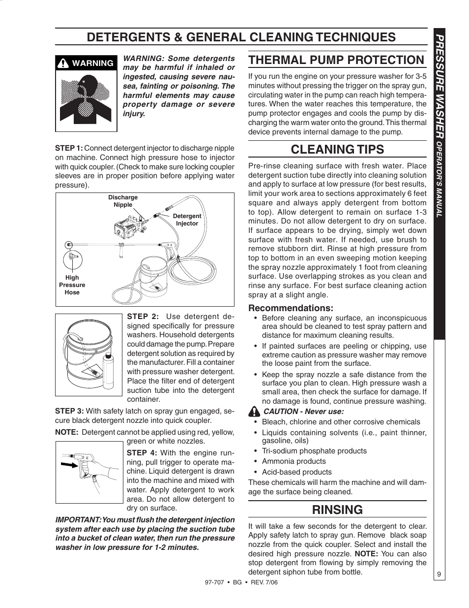 Thermal pump protection, Cleaning tips, Rinsing | Detergents & general cleaning techniques, Pressure w asher | Shark BG-3735 User Manual | Page 9 / 34