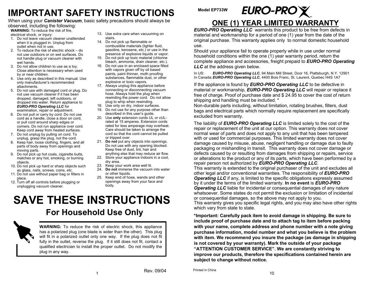 Save these instructions, Important safety instructions, For household use only | One (1) year limited warranty | Shark EP733W User Manual | Page 2 / 6