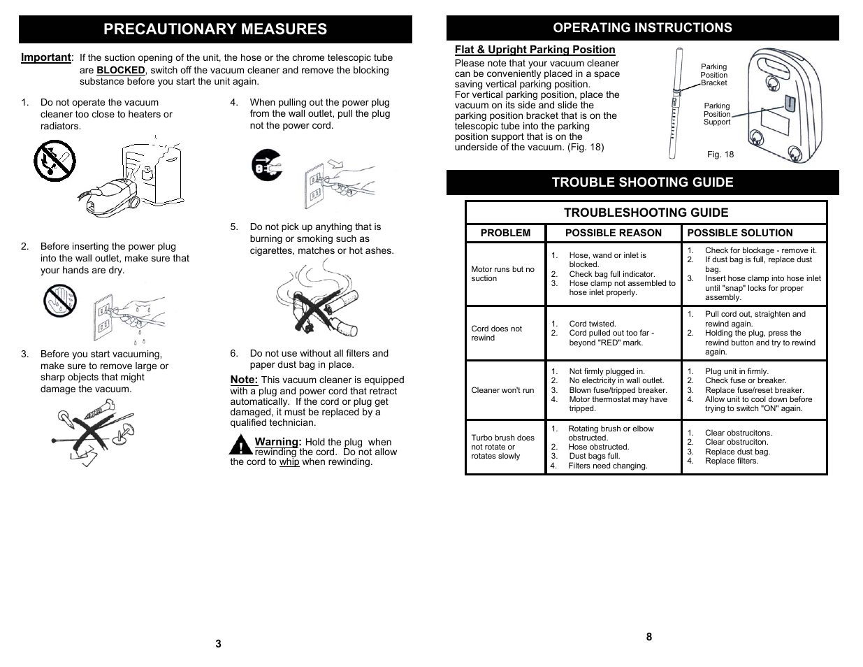 Precautionary measures, Trouble shooting guide operating instructions, Troubleshooting guide | Shark EP733W User Manual | Page 4 / 6