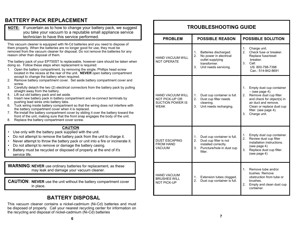 Battery pack replacement troubleshooting guide, Battery disposal | Shark EP750ST User Manual | Page 4 / 5