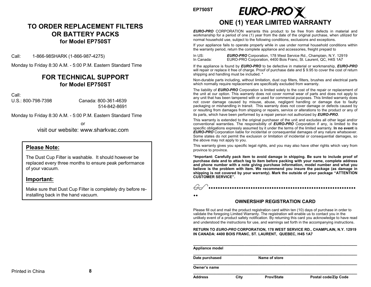 One (1) year limited warranty, For technical support | Shark EP750ST User Manual | Page 5 / 5