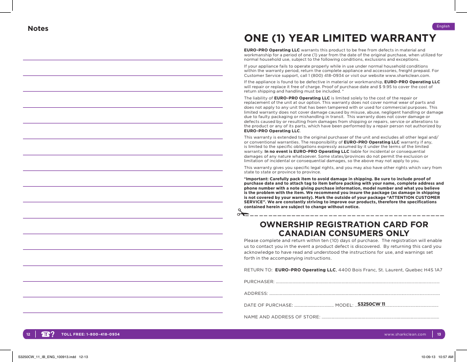 One (1) year limited warranty | Shark LIGHT & EASY S3250CW User Manual | Page 10 / 11