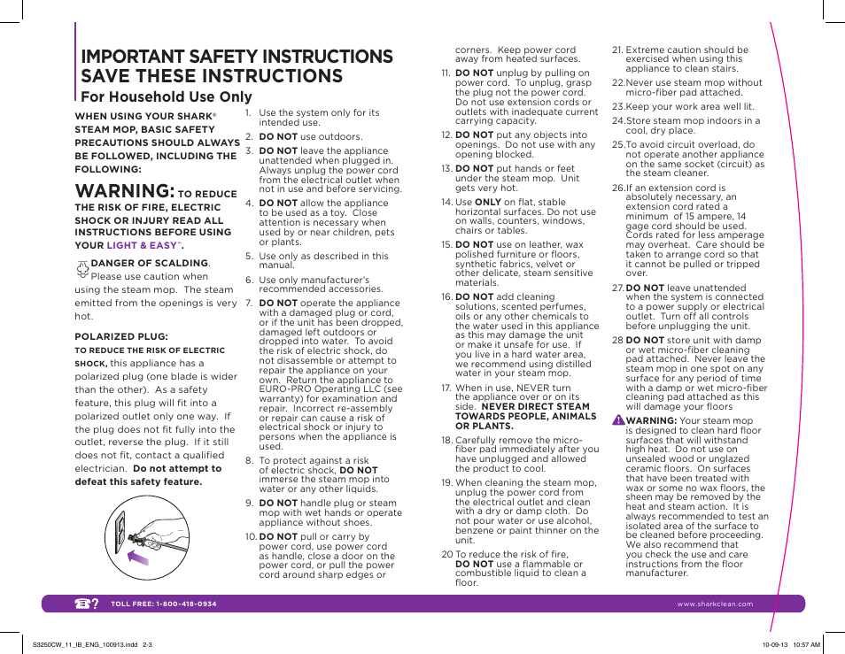 Warning, For household use only | Shark LIGHT & EASY S3250CW User Manual | Page 2 / 11