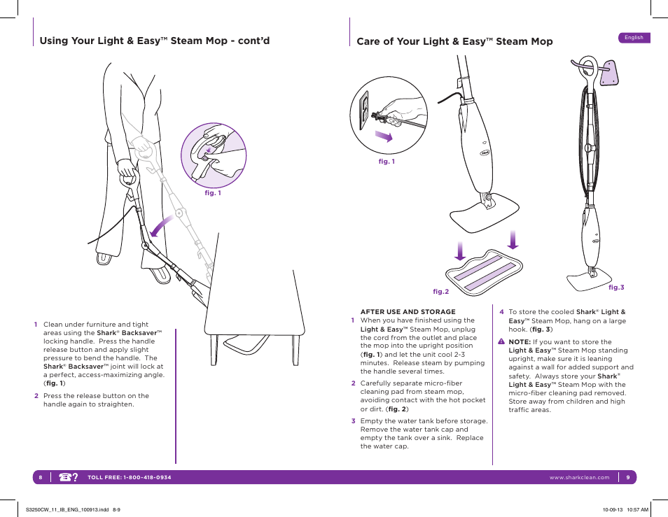 Using your light & easy™ steam mop - cont’d, Care of your light & easy™ steam mop | Shark LIGHT & EASY S3250CW User Manual | Page 8 / 11