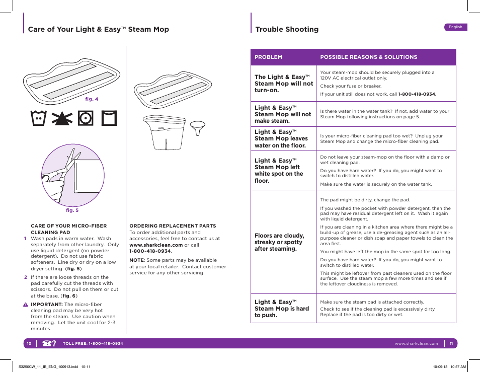 Care of your light & easy™ steam mop, Trouble shooting | Shark LIGHT & EASY S3250CW User Manual | Page 9 / 11