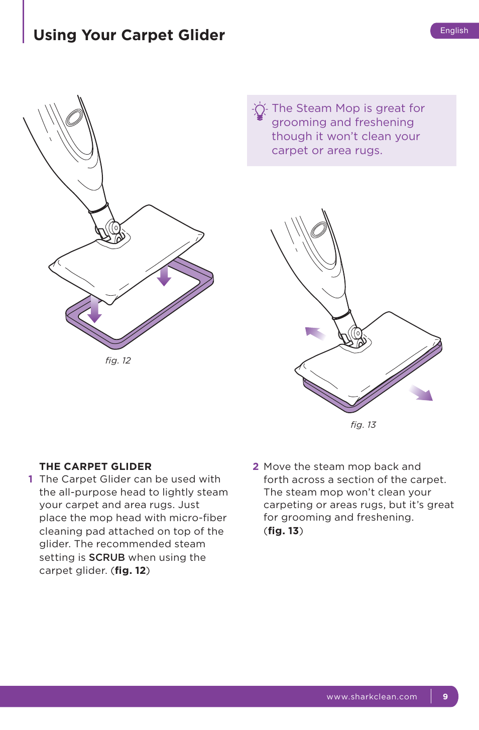 Using your carpet glider | Shark STEAM POCKET S3601 User Manual | Page 13 / 18